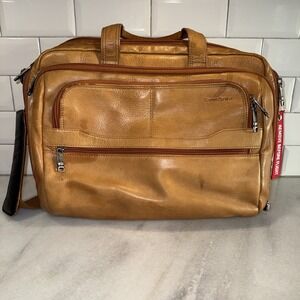 Samsonite Tan Leather Briefcase 17" Laptop Messenger Bag Adjustable Strap GW9941